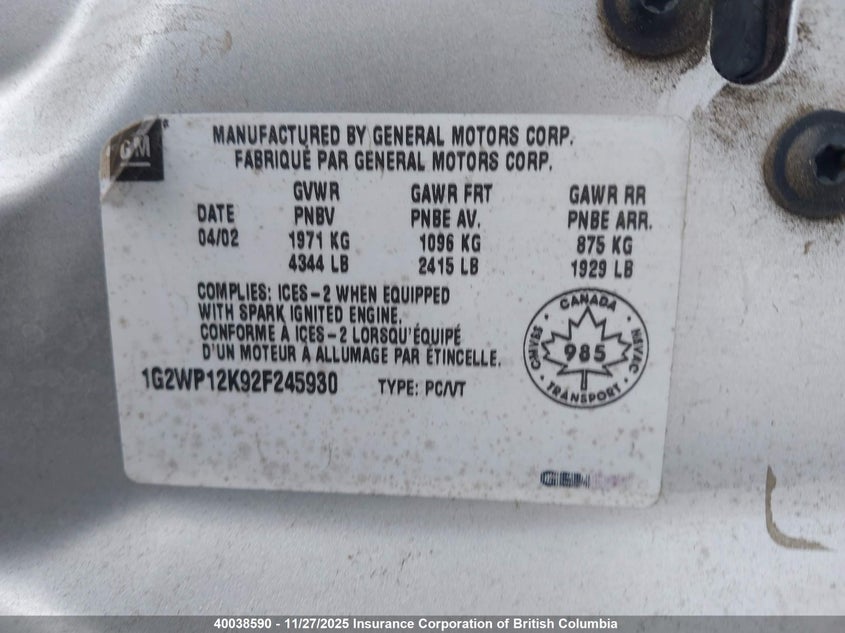 1G2WP12K92F245930 2002 PONTIAC GRAND PRIX photo no. 19