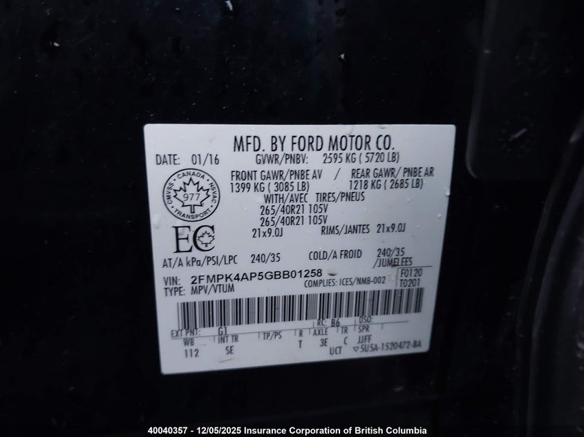 2FMPK4AP5GBB01258 2016 FORD EDGE photo no. 9