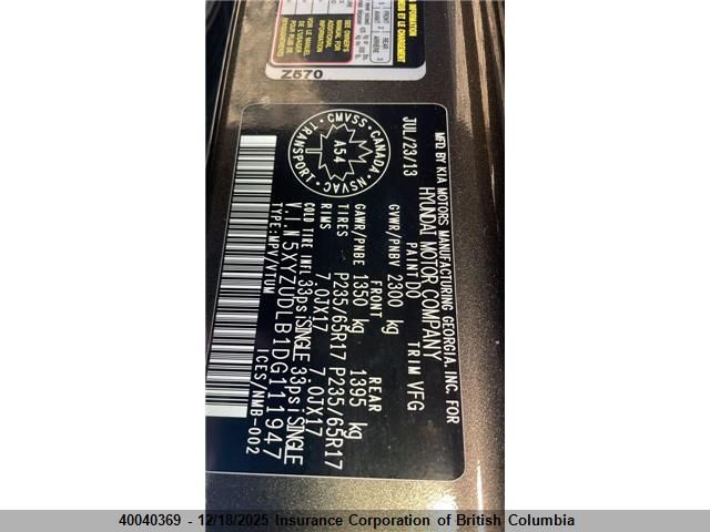 2013 Hyundai Santa Fe Sport VIN: 5XYZUDLB1DG111947 Lot: 40040369