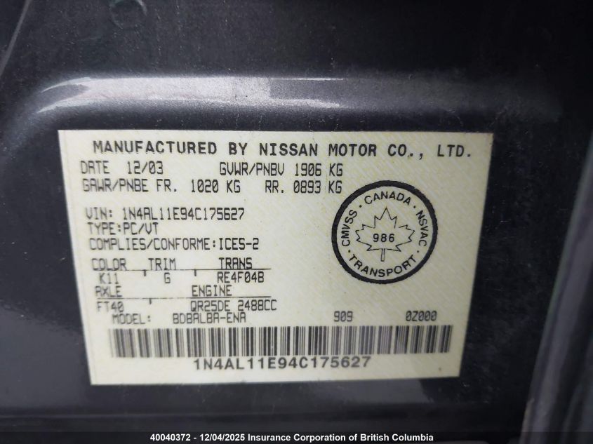 2004 Nissan Altima S/Sl VIN: 1N4AL11E94C175627 Lot: 40040372