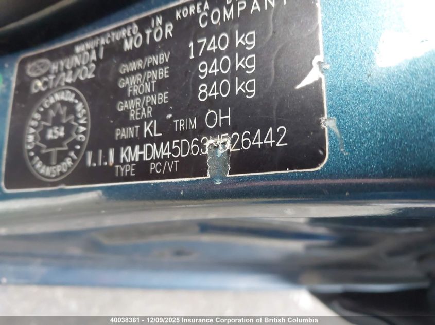 KMHDM45D63U526442 2003 HYUNDAI ELANTRA photo no. 9