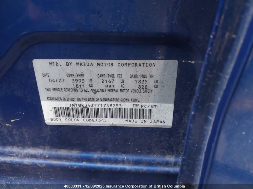JM1BK343771758253 2007 MAZDA 3 photo no. 9