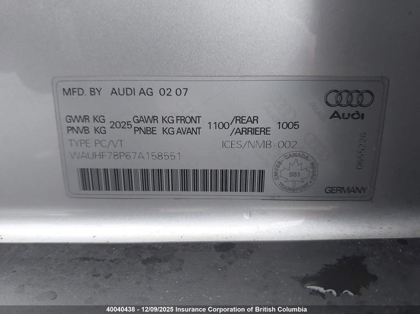 WAUHF78P67A158551 2007 AUDI A3 photo no. 9