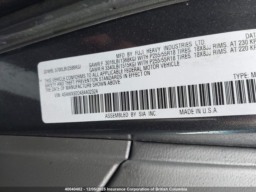4S4WX92D484402324 2008 SUBARU TRIBECA photo no. 9