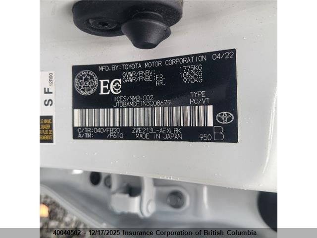 2022 Toyota Corolla VIN: JTDBAMDE1N3008679 Lot: 40040502