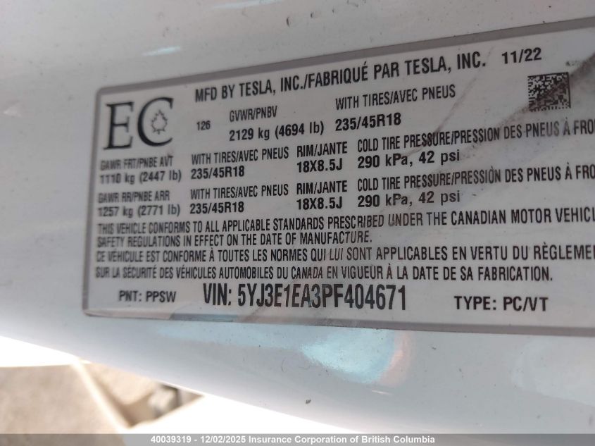 2023 Tesla Model 3 VIN: 5YJ3E1EA3PF404671 Lot: 40039319