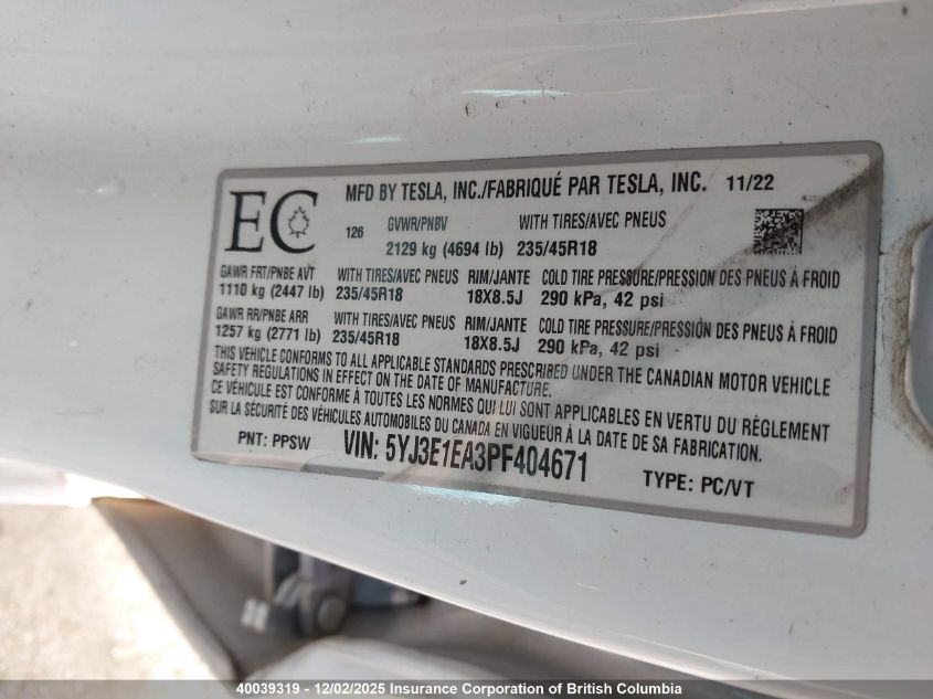 2023 Tesla Model 3 VIN: 5YJ3E1EA3PF404671 Lot: 40039319