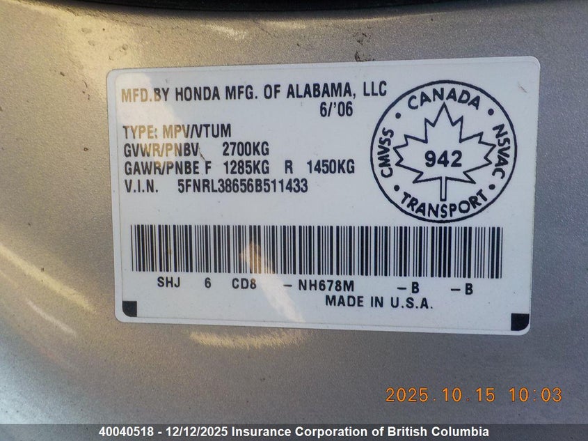 5FNRL38656B511433 2006 HONDA ODYSSEY photo no. 5