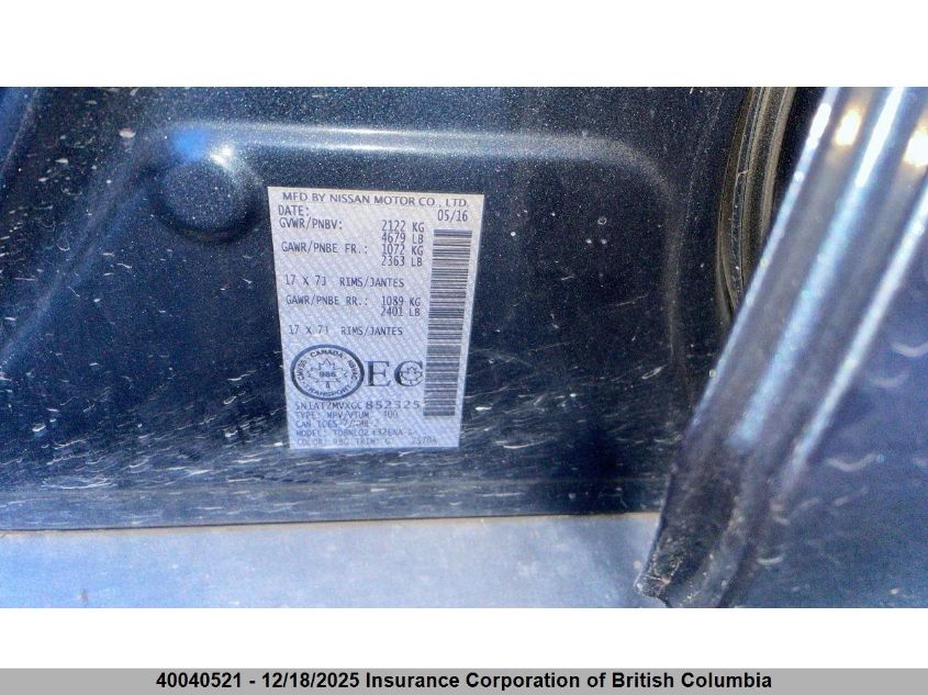 2016 Nissan Rogue VIN: 5N1AT2MVXGC852325 Lot: 40040521