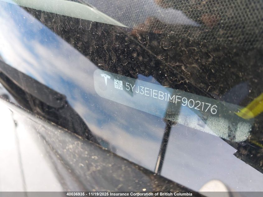 2021 Tesla Model 3 VIN: 5YJ3E1EB1MF902176 Lot: 40036935