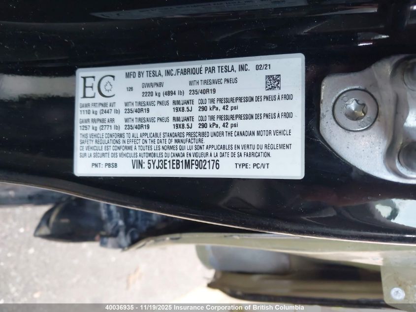 2021 Tesla Model 3 VIN: 5YJ3E1EB1MF902176 Lot: 40036935