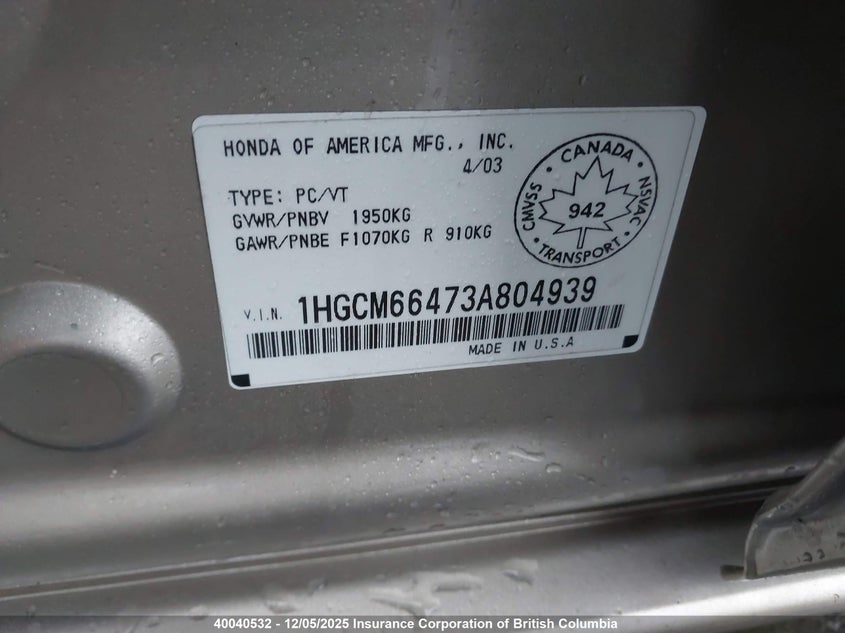 1HGCM66473A804939 2003 HONDA ACCORD photo no. 9