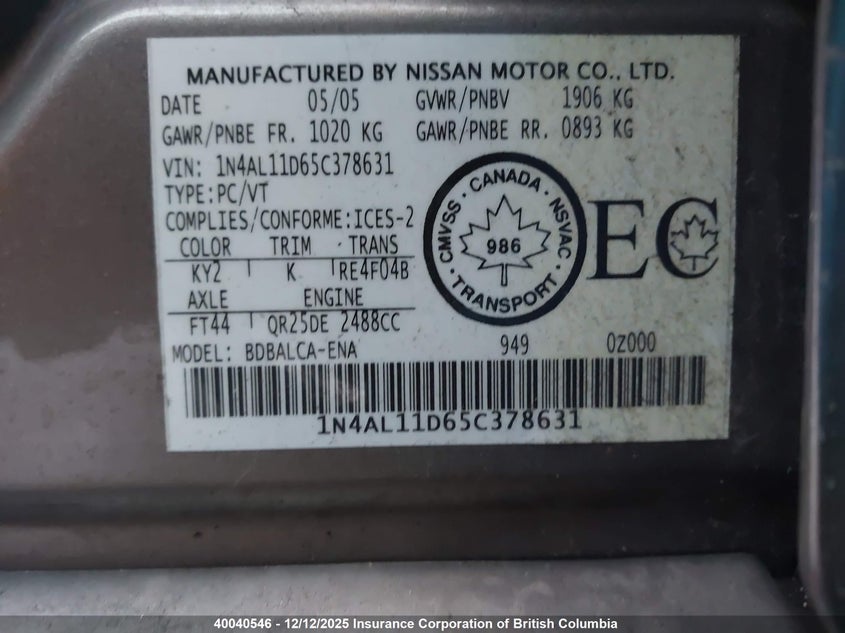 1N4AL11D65C378631 2005 NISSAN ALTIMA photo no. 9