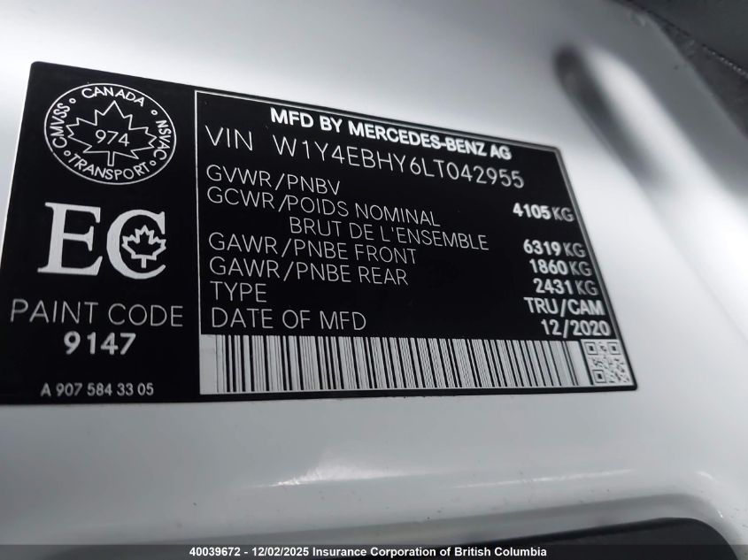 2020 Mercedes-Benz Sprinter 2500 VIN: W1Y4EBHY6LT042955 Lot: 40039672