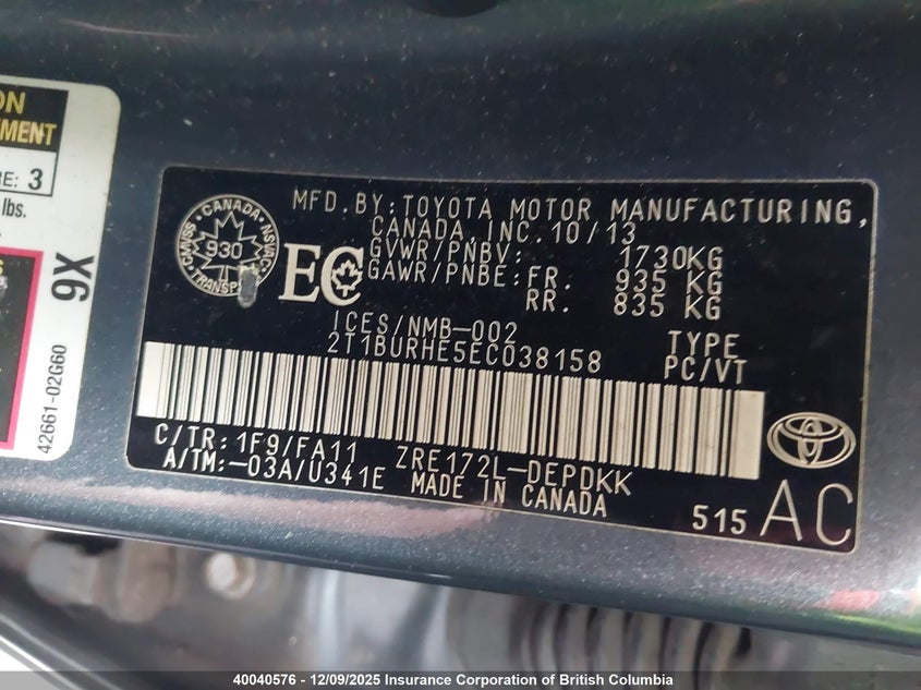 2T1BURHE5EC038158 2014 TOYOTA COROLLA photo no. 9