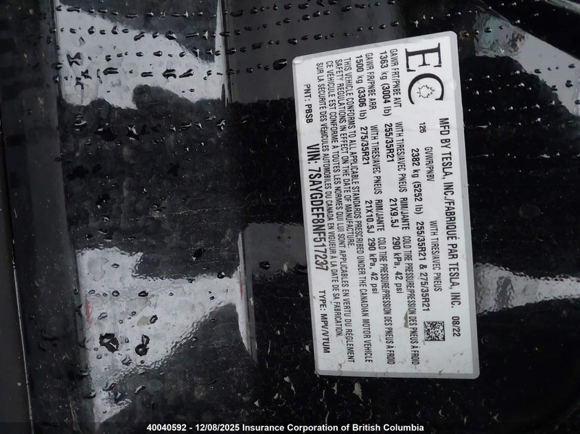 7SAYGDEF8NF517237 2022 TESLA MODEL Y photo no. 9