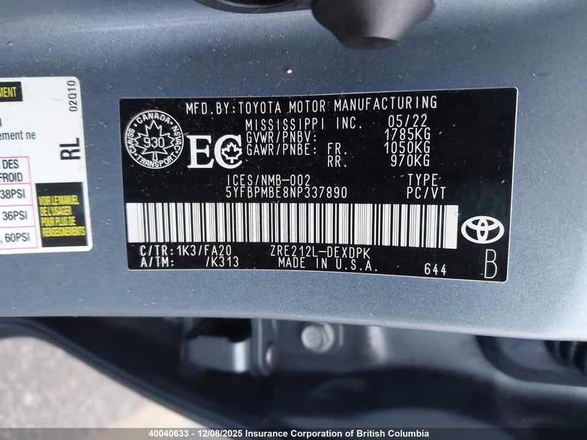 5YFBPMBE8NP337890 2022 TOYOTA COROLLA photo no. 9