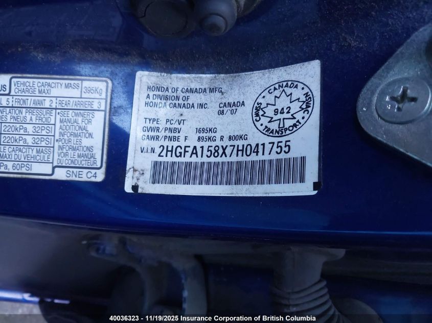 2007 Honda Civic Ex VIN: 2HGFA158X7H041755 Lot: 40036323