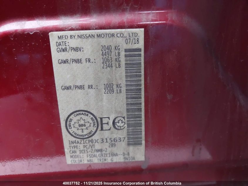 2018 Nissan Leaf S/Sv/Sl VIN: 1N4AZ1CP0JC315637 Lot: 40037752