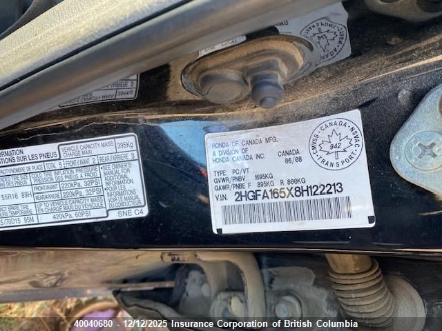 2008 Honda Civic VIN: 2HGFA165X8H122213 Lot: 40040680