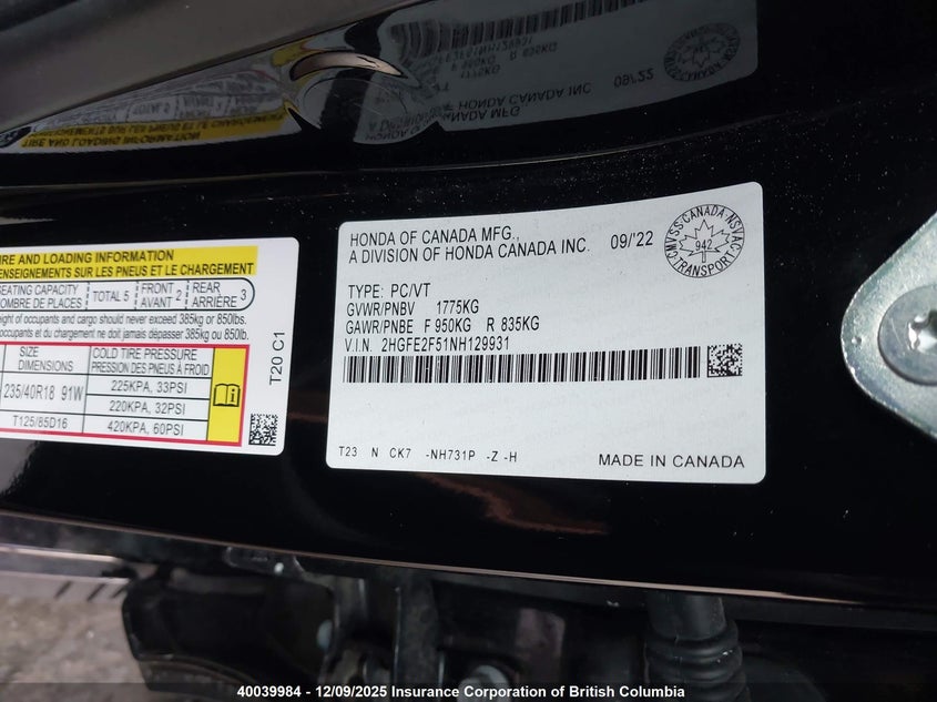 2HGFE2F51NH129931 2022 HONDA CIVIC photo no. 9