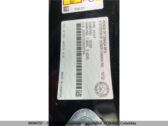 2022 Honda Civic VIN: 2HGFE1F93NH007844 Lot: 40040757