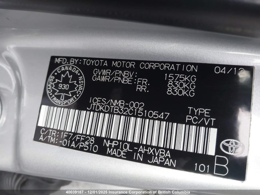 JTDKDTB32C1510547 2012 TOYOTA PRIUS C photo no. 9