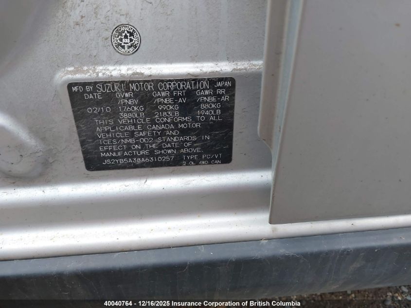 2010 Suzuki Sx4 Jx VIN: JS2YB5A38A6310257 Lot: 40040764