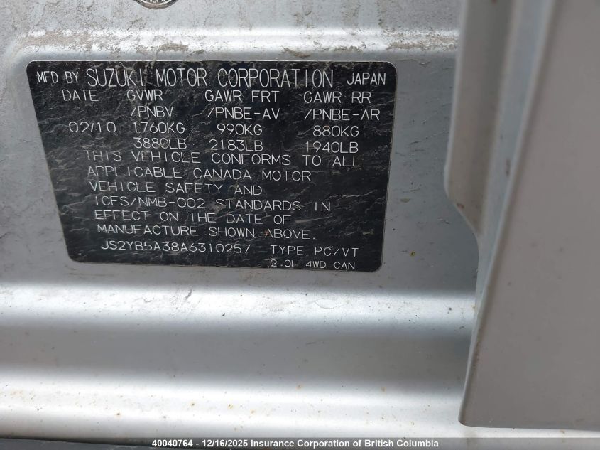 2010 Suzuki Sx4 Jx VIN: JS2YB5A38A6310257 Lot: 40040764
