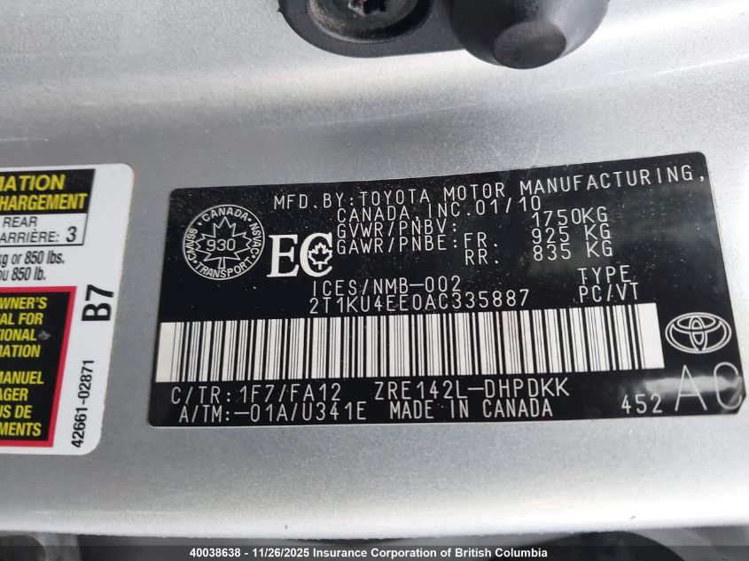 2010 Toyota Corolla Matrix VIN: 2T1KU4EE0AC335887 Lot: 40038638