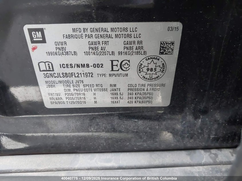 3GNCJLSB0FL211972 2015 CHEVROLET TRAX photo no. 9