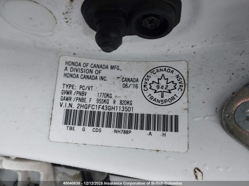 2016 Honda Civic VIN: 2HGFC1F43GH113501 Lot: 40040838