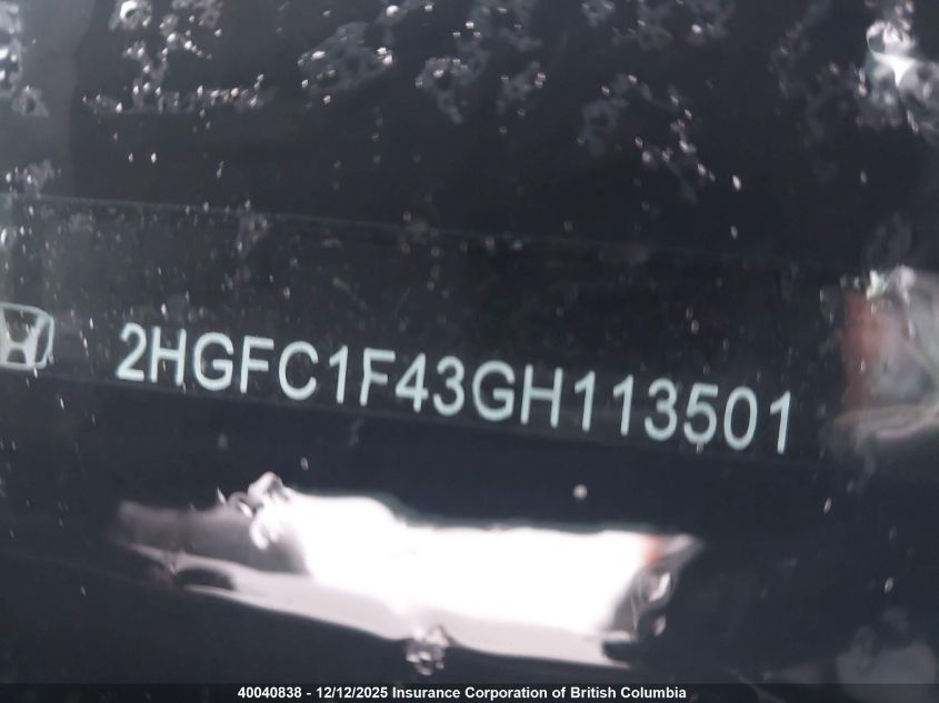 2016 Honda Civic VIN: 2HGFC1F43GH113501 Lot: 40040838