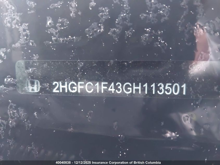 2016 Honda Civic VIN: 2HGFC1F43GH113501 Lot: 40040838