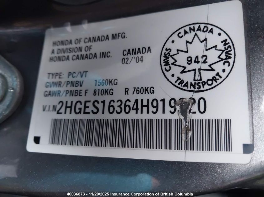 2004 Honda Civic Dx Vp VIN: 2HGES16364H919320 Lot: 40036873