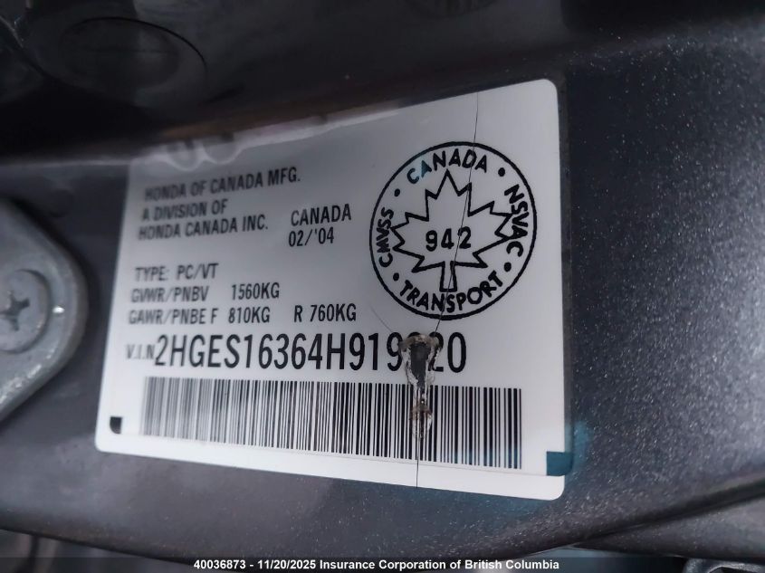 2004 Honda Civic Dx Vp VIN: 2HGES16364H919320 Lot: 40036873