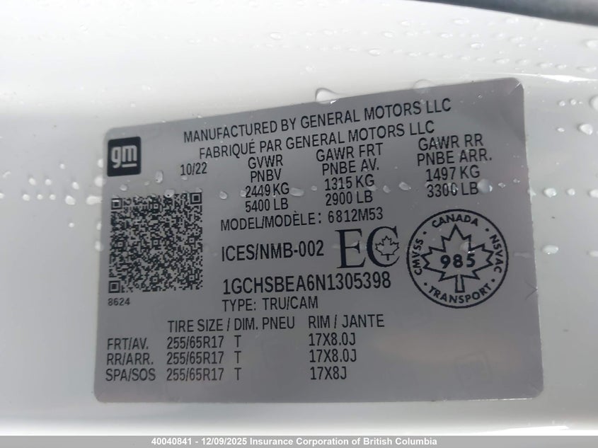 1GCHSBEA6N1305398 2022 CHEVROLET COLORADO photo no. 9