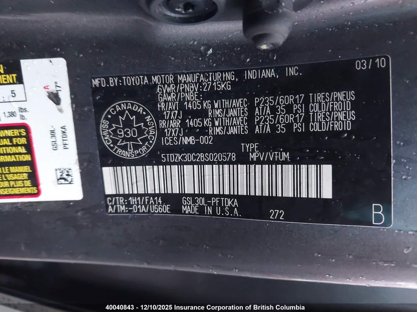 5TDZK3DC2BS020578 2011 TOYOTA SIENNA photo no. 9