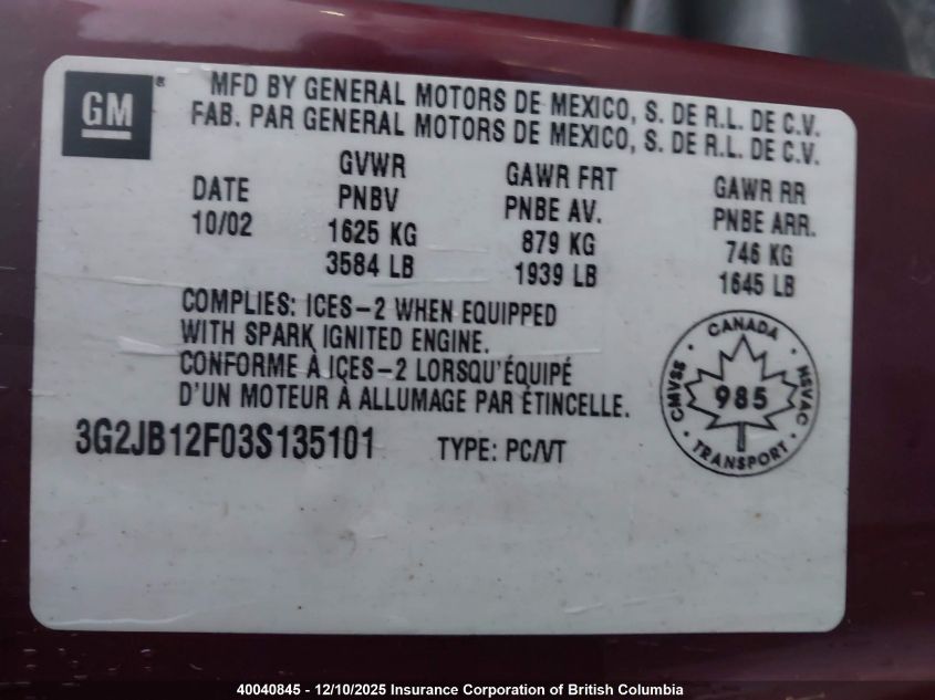 2003 Pontiac Sunfire VIN: 3G2JB12F03S135101 Lot: 40040845