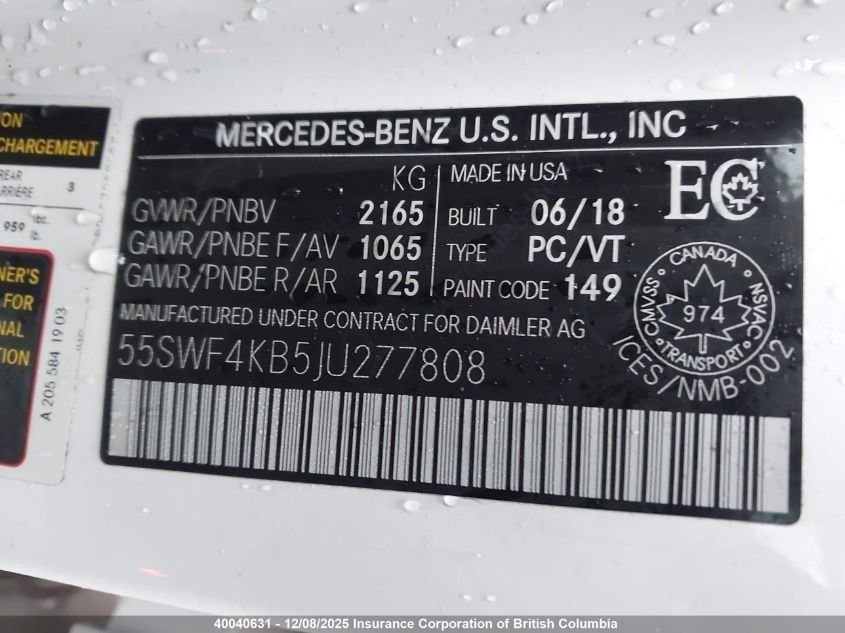 2018 Mercedes-Benz C 300 4Matic VIN: 55SWF4KB5JU277808 Lot: 40040631