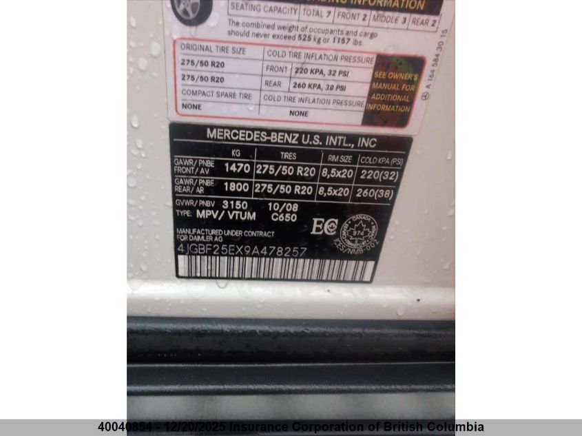 2009 Mercedes-Benz Gl VIN: 4JGBF25EX9A478257 Lot: 40040854