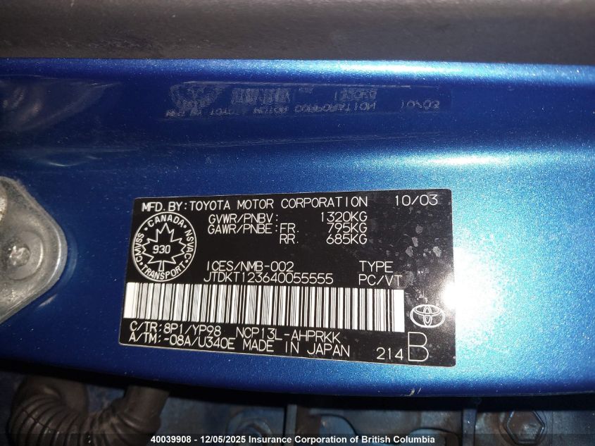 2004 Toyota Echo VIN: JTDKT123640055555 Lot: 40039908