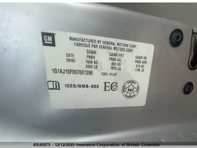 2006 Chevrolet Cobalt Ls VIN: 1G1AJ15F067661296 Lot: 40040879