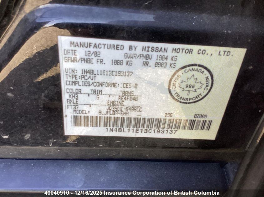 2003 Nissan Altima Se VIN: 1N4BL11E13C193137 Lot: 40040910