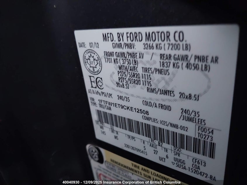1FTFW1ET9CKE12508 2012 FORD F-150 photo no. 9