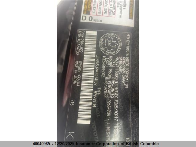 2015 Toyota 4Runner Sr5/Limited/Trail/Trd Pro VIN: JTEBU5JR9F5214189 Lot: 40040985