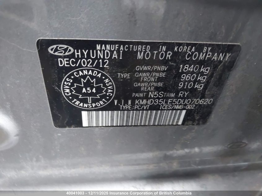 2013 Hyundai Elantra Gt VIN: KMHD35LE5DU070620 Lot: 40041003