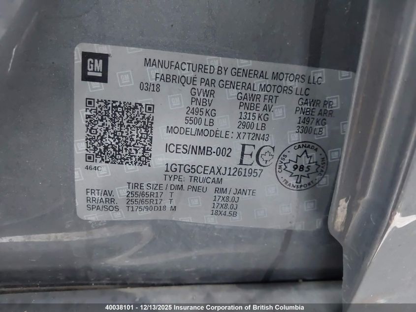 2018 GMC Canyon Sle VIN: 1GTG5CEAXJ1261957 Lot: 40038101