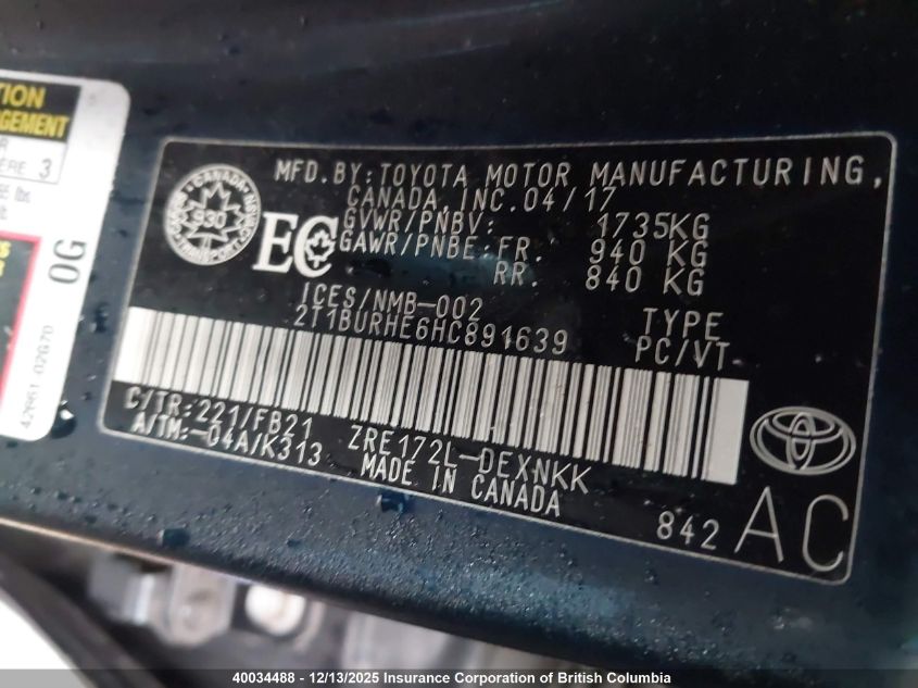 2017 Toyota Corolla L/Le/Xle/Se/Xse VIN: 2T1BURHE6HC891639 Lot: 40034488