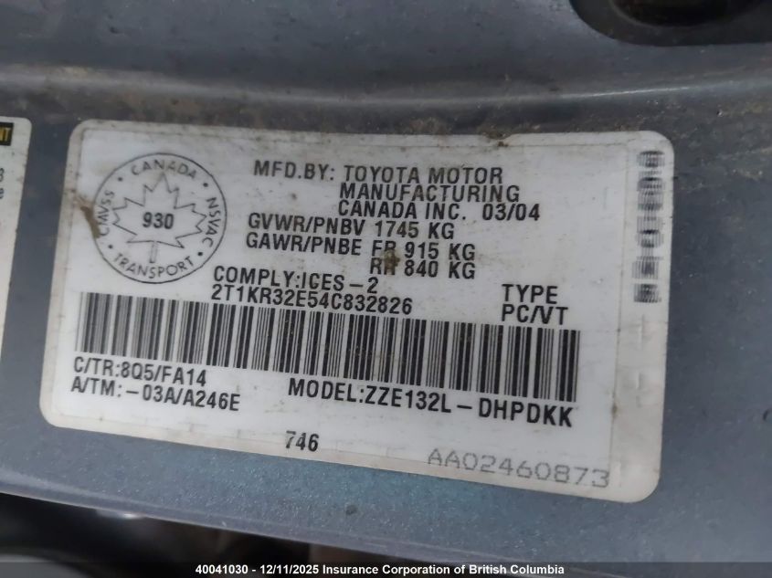 2004 Toyota Corolla Matrix Xr VIN: 2T1KR32E54C832826 Lot: 40041030